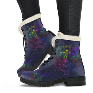 Rainbow Gradient Mandala Ying Yang Combat Boots,Hand Crafted,Multi Colored,Comfortable Boots,Decor Womens Boots,Combat Boots,Classic Boot