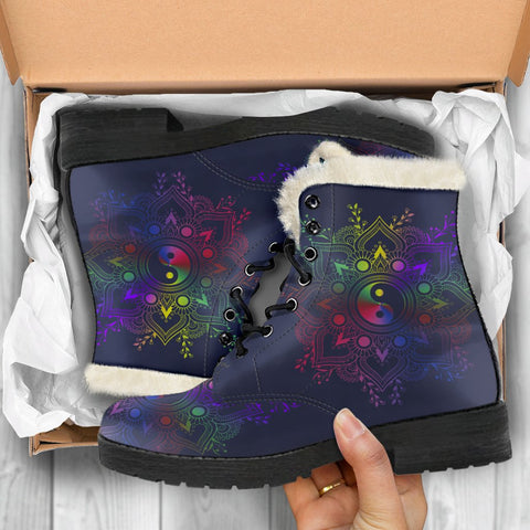Image of Rainbow Gradient Mandala Ying Yang Combat Boots,Hand Crafted,Multi Colored,Comfortable Boots,Decor Womens Boots,Combat Boots,Classic Boot