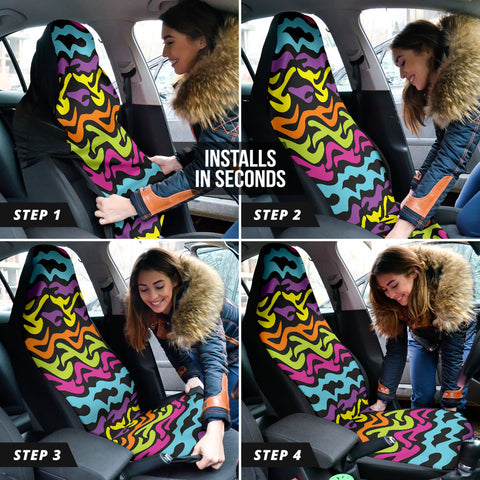 Image of Rainbow Zebra Pattern Car Seat Covers, Colorful Front Seat Protectors, 2pc Auto