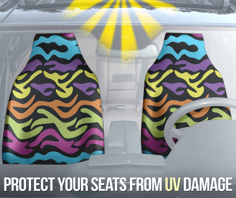 Image of Rainbow Zebra Pattern Car Seat Covers, Colorful Front Seat Protectors, 2pc Auto