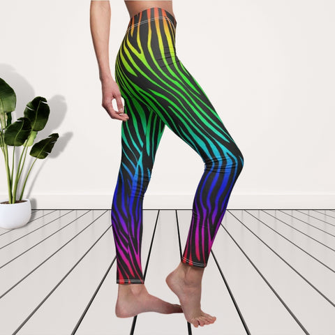 Image of Rainbow Zebra Stripe Multicolored Women's Cut & Sew Casual Leggings, Yoga Pants,