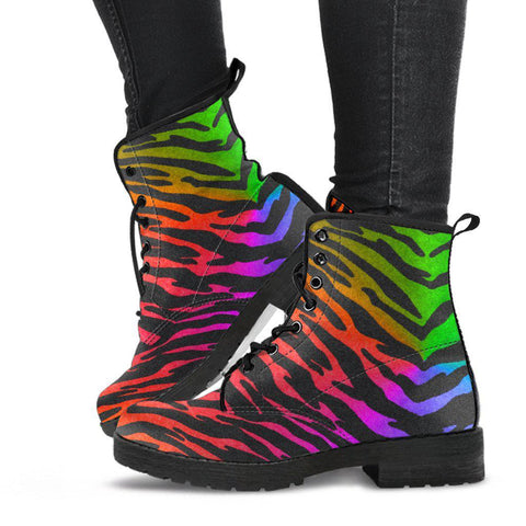 Image of Colorful Abstract Zebra Women's Vegan Leather Ankle Boots, Handcrafted, Festival