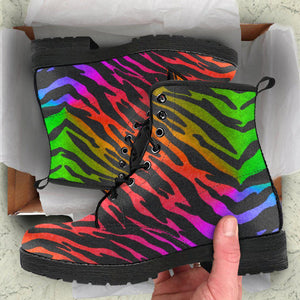 Colorful Abstract Zebra Women's Vegan Leather Ankle Boots, Handcrafted, Festival