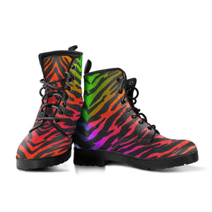 Colorful Abstract Zebra Women's Vegan Leather Ankle Boots, Handcrafted, Festival
