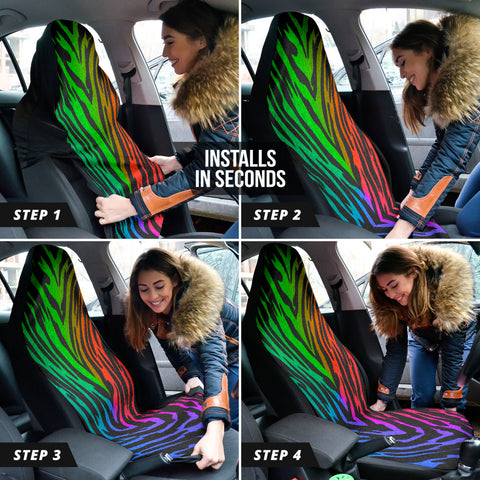 Image of Rainbow Gradient Tiger Print Car Seat Covers, Colorful Front Seat Protectors,