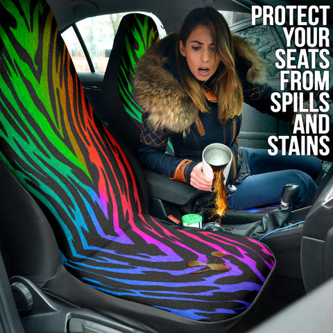 Image of Rainbow Gradient Tiger Print Car Seat Covers, Colorful Front Seat Protectors,