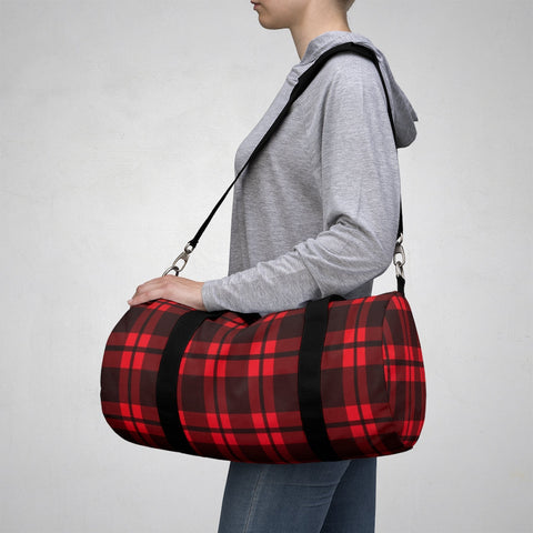Image of Red And Black Plaid Duffel Bag, Weekender Bags/ Baby Bag/ Travel Bag/ Hospital