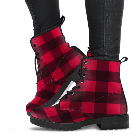 Image of Red Black Plaid Vegan Leather Women's Boots, Handcrafted Hippie Streetwear,