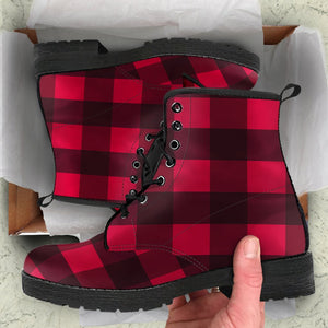 Red Black Plaid Vegan Leather Women's Boots, Handcrafted Hippie Streetwear,
