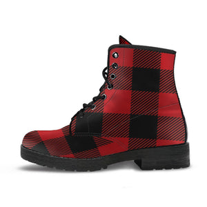 Red & Black Plaid Women's Boots: Vegan Leather, Artisan Crafted Lace,Up Boots,