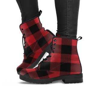 Red & Black Plaid Women's Boots: Vegan Leather, Artisan Crafted Lace,Up Boots,