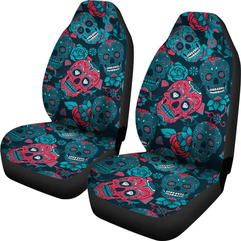 Image of Red And Blue Sugar Skull Car Seat Covers,Car Seat Covers Pair,Car Seat Protector,Car Accessory,Front Seat Covers,Seat Cover for Car