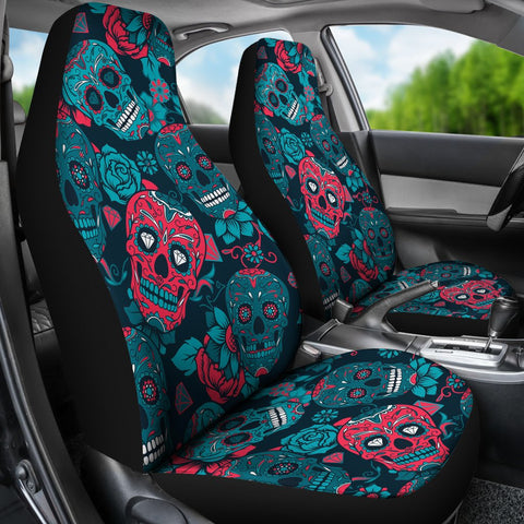 Image of Red And Blue Sugar Skull Car Seat Covers,Car Seat Covers Pair,Car Seat Protector,Car Accessory,Front Seat Covers,Seat Cover for Car