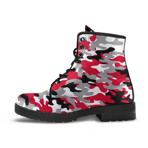 Image of Red Black Gray Camo Women's Vegan Boots, Camouflage Design, Hippie