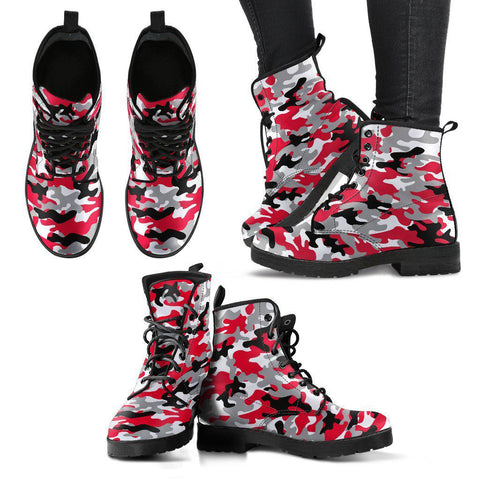 Image of Red Black Gray Camo Women's Vegan Boots, Camouflage Design, Hippie