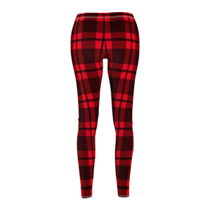 Red Buffalo Plaid Women's Cut & Sew Casual Leggings, Yoga Pants, Polyester