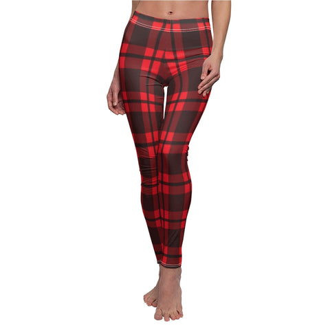 Image of Red Buffalo Plaid Women's Cut & Sew Casual Leggings, Yoga Pants, Polyester
