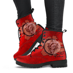 Red Limited Edition Joker Vegan Leather Women's Boots, Handmade Hippie Classic Streetwear, Stylish Footwear, Unique Women's Gift