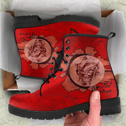 Image of Red Limited Edition Joker Vegan Leather Women's Boots, Handmade Hippie Classic Streetwear, Stylish Footwear, Unique Women's Gift