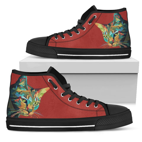 Image of Red Multicolored Cat High Quality High Top Shoes,Handmade Crafted,All Star,Custom Shoes,Womens High Top,Bright Colorful,Mandala shoes