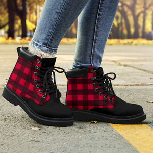 Red Plaid Suede Leather Boots Women,Women Girl Gift,Handmade Boots,Streetwear,All Season Boots,Vegan ,Casual WearLeather,Rain Boots,
