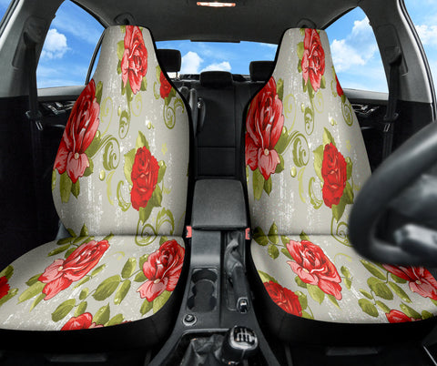 Image of Red Roses Floral Car Seat Covers, Romantic Front Seat Protectors, 2pc Auto