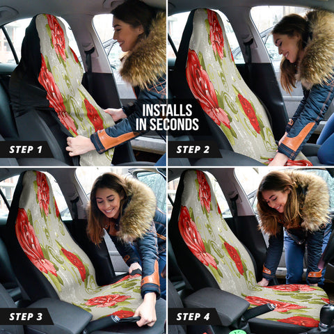 Image of Red Roses Floral Car Seat Covers, Romantic Front Seat Protectors, 2pc Auto
