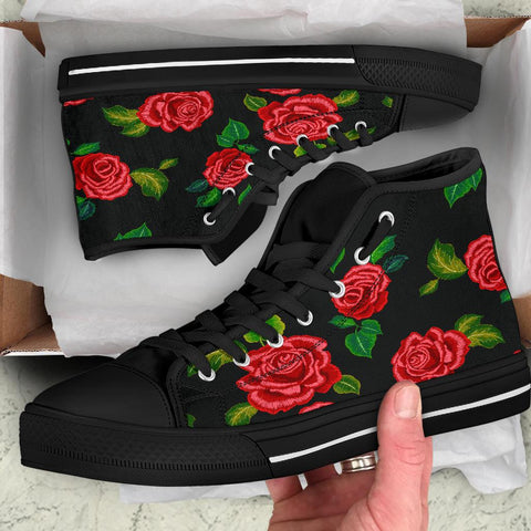 Red Roses High-Top Canvas Shoes for Women, Vibrant Festival Footwear, Quality Printed Streetwear, All Star Style, Handcrafted, Unique