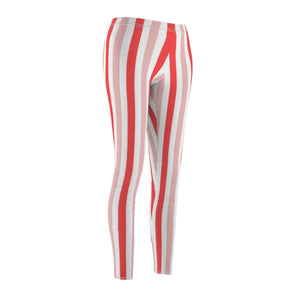 Red Stripe Multicolored Candy Cane Women's Cut & Sew Casual Leggings, Yoga