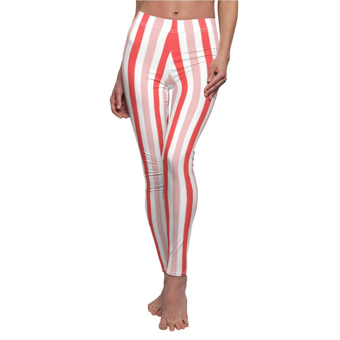 Image of Red Stripe Multicolored Candy Cane Women's Cut & Sew Casual Leggings, Yoga
