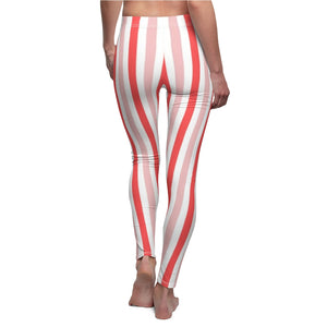 Red Stripe Multicolored Candy Cane Women's Cut & Sew Casual Leggings, Yoga