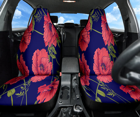 Image of Red Poppy Flowers Car Seat Covers, Botanical Front Seat Protectors, 2pc Auto