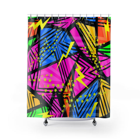 Image of Retro 80s Colorful Shapes Star & Thunderbolt Shower Curtains, Water Proof Bath