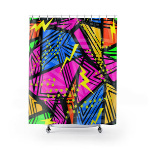 Retro 80s Colorful Shapes Star & Thunderbolt Shower Curtains, Water Proof Bath