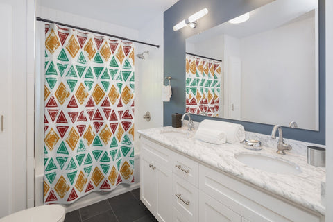 Image of Retro Green Red & Yellow Diamond Triangle Colorful Multicolored Shower Curtains,