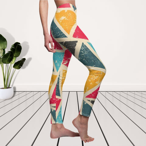 Image of Retro Vintage Colorful Triangle Multicolored Women's Cut & Sew Casual Leggings,