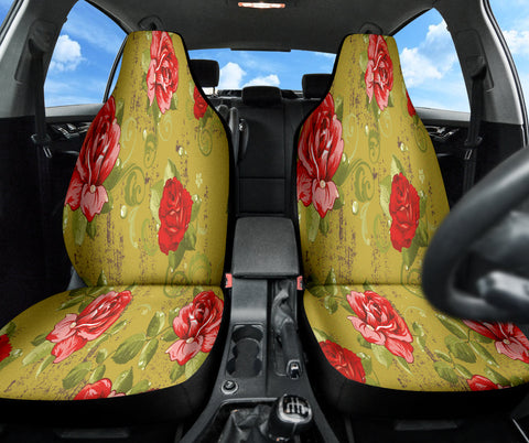 Image of Vintage Roses Floral Car Seat Covers, Classic Front Seat Protectors, 2pc Auto