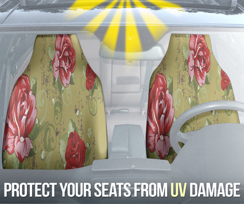 Image of Vintage Roses Floral Car Seat Covers, Classic Front Seat Protectors, 2pc Auto
