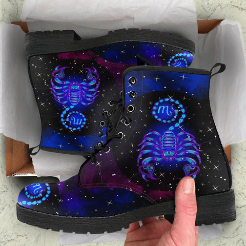 Image of Handmade Women’s Vegan Leather Boots - Blue Scorpion Scorpio Zodiac Astrology - Cosmos Sky Galaxy - Leather Shoes