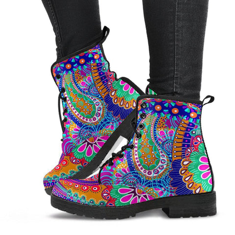 Image of Colorful Paisley Floral Women's Vegan Leather Boots, Handcrafted Retro Winter