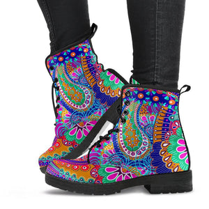 Colorful Paisley Floral Women's Vegan Leather Boots, Handcrafted Retro Winter