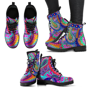 Colorful Paisley Floral Women's Vegan Leather Boots, Handcrafted Retro Winter