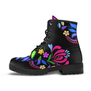 Blue Tribal Aztec Boho Women's Vegan Leather Boots, Winter Rainbow