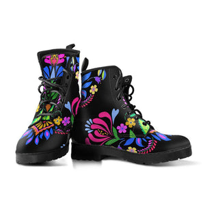 Blue Tribal Aztec Boho Women's Vegan Leather Boots, Winter Rainbow