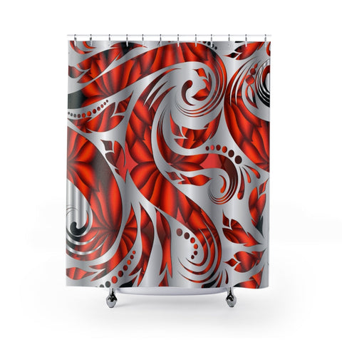 Image of Silver Red Floral Swirl Shower Curtains, Water Proof Bath Decor | Spa | Bathroom