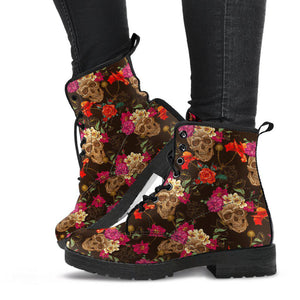 Pink Red Roses Skull Women's Vegan Leather Boots, Handcrafted Floral Fashion
