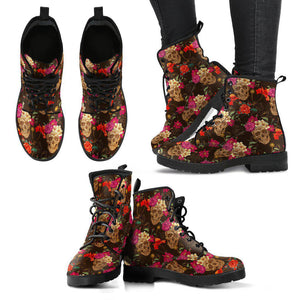 Pink Red Roses Skull Women's Vegan Leather Boots, Handcrafted Floral Fashion