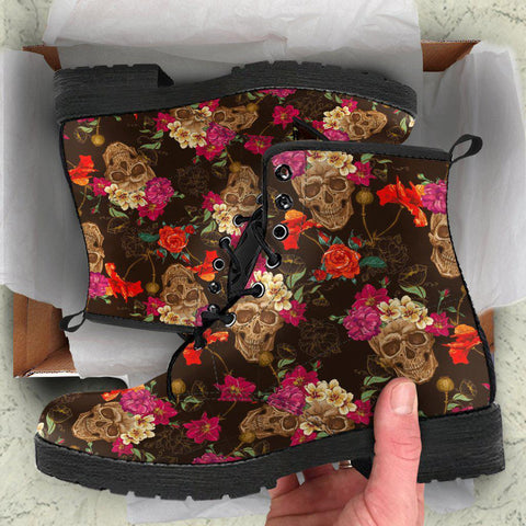 Image of Pink Red Roses Skull Women's Vegan Leather Boots, Handcrafted Floral Fashion
