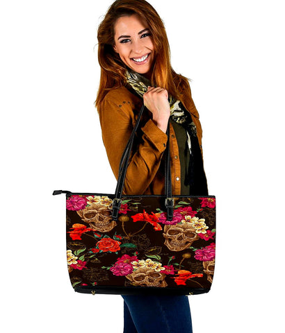 Image of Skull And Rose Tote Bag,Multi Colored,Bright,Rucksack,Book Bag,Gift Bag,Leather Bag,Leather Tote Bag Women Bag,Everyday Bag,Handbag