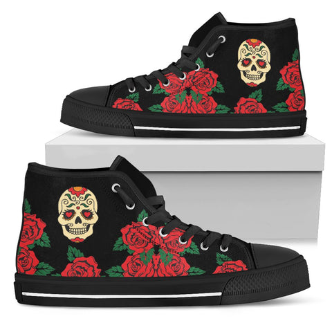 Image of Skull And Roses Streetwear, Hippie, Spiritual, Multi Colored, High Tops Sneaker, Canvas Shoes, High Quality,Handmade Crafted